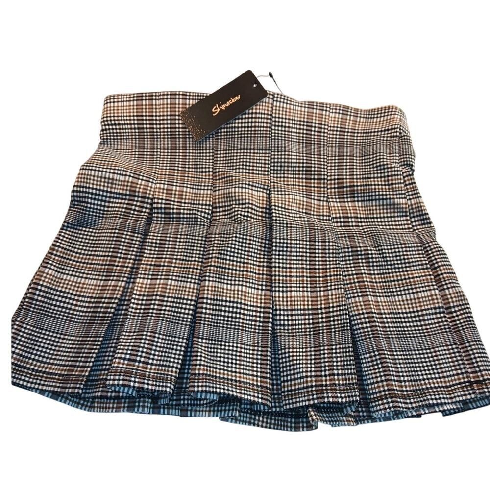 Shinestar New w/Tags Brown Checkered Pleated Mini Skirt - Medium